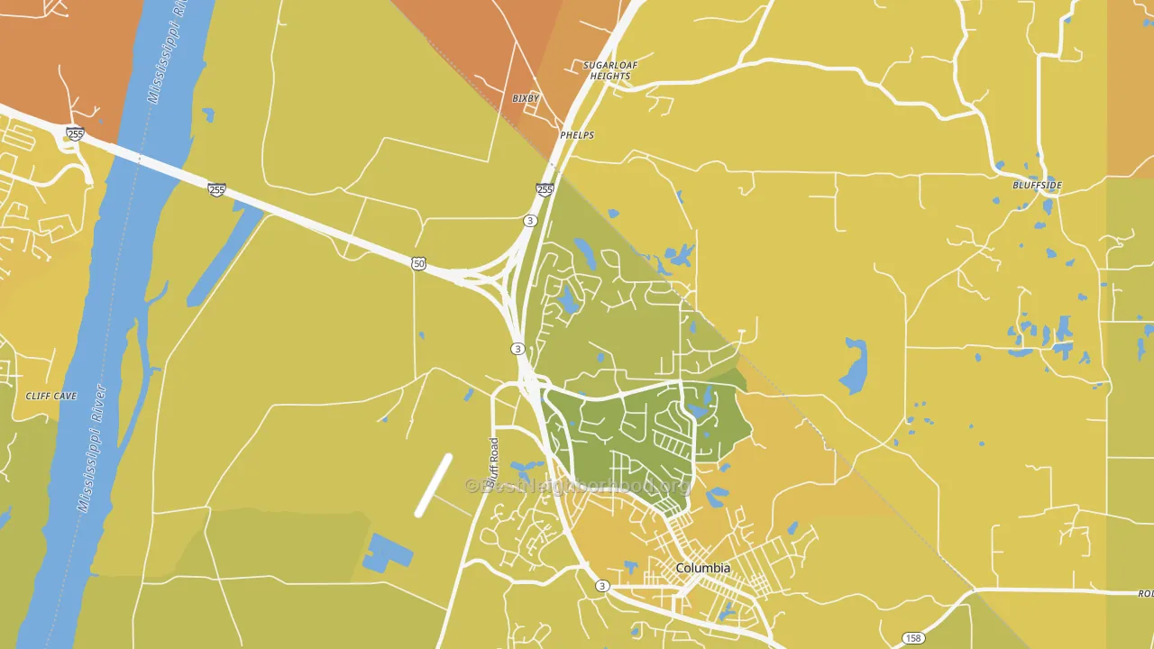 Map of the best neighborhoods in the Phelps area, with better matches in green and worse matches in red
