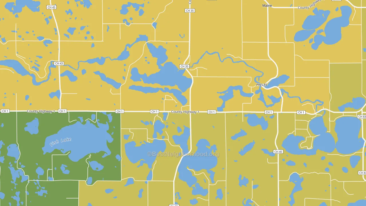 Map of the best neighborhoods in the Phelps area, with better matches in green and worse matches in red