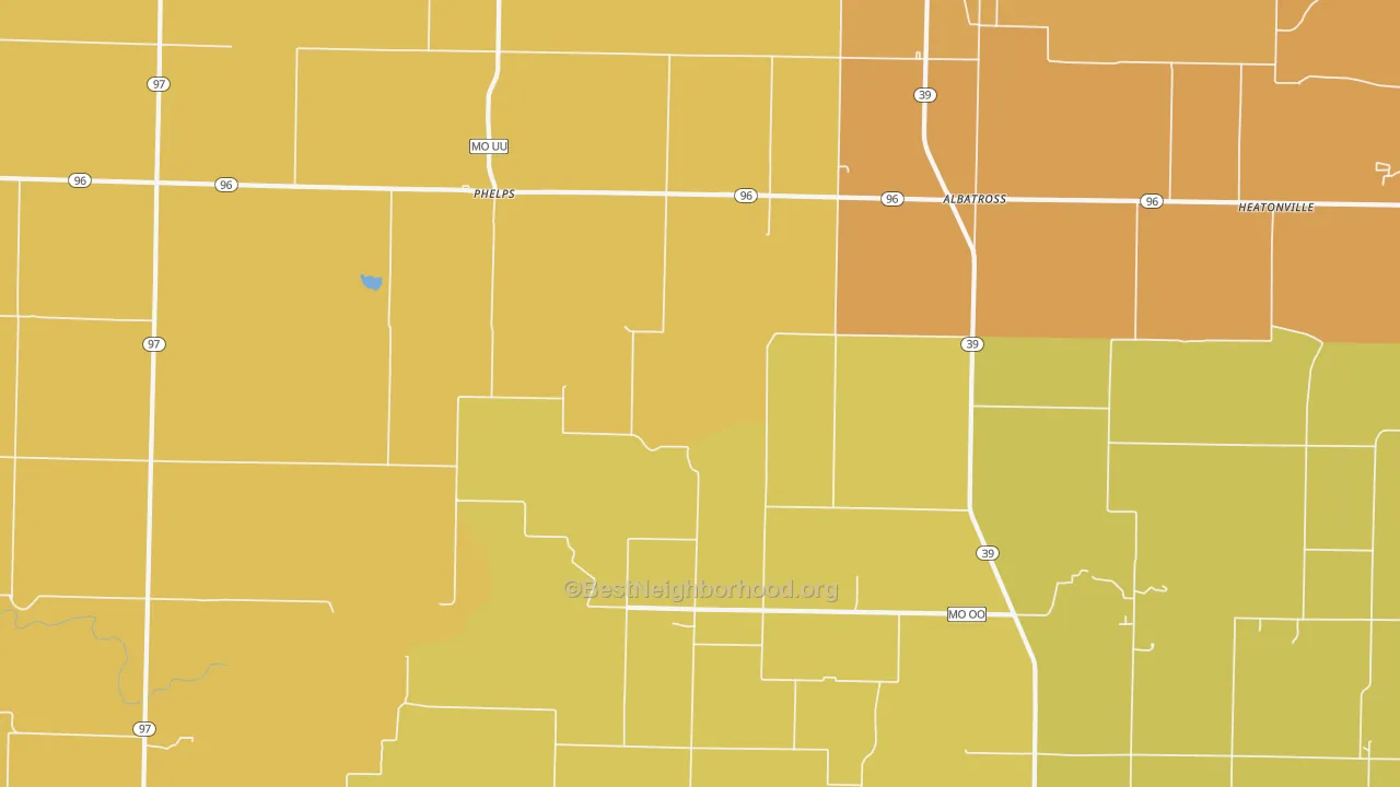 Map of the best neighborhoods in the Phelps area, with better matches in green and worse matches in red