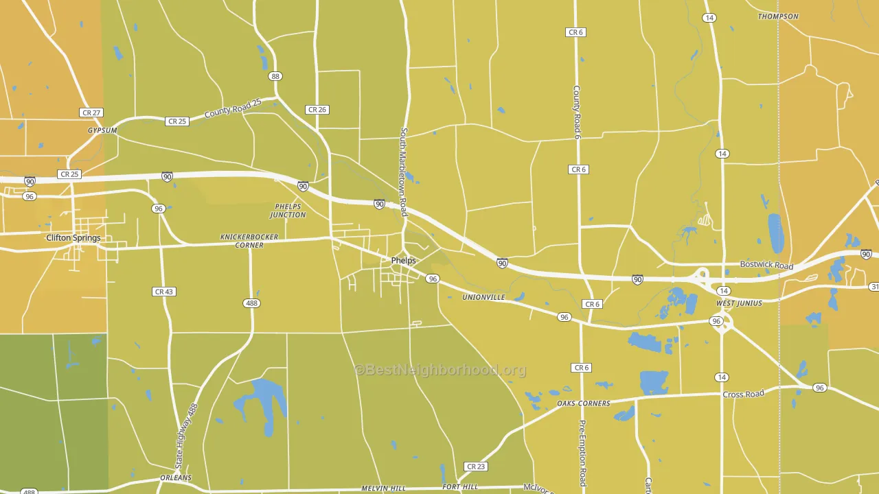 Map of the best neighborhoods in the Phelps area, with better matches in green and worse matches in red