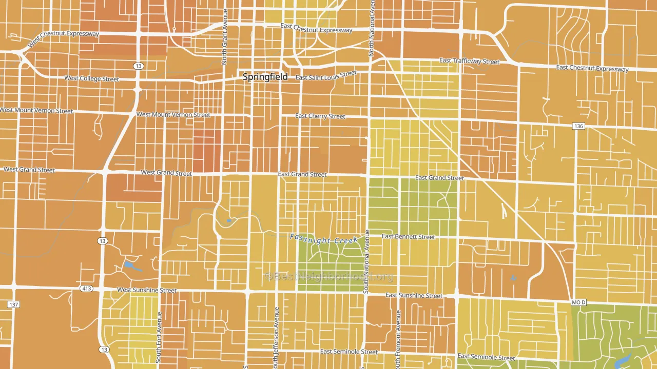 Map of the best neighborhoods in the Phelps, Springfield area, with better matches in green and worse matches in red