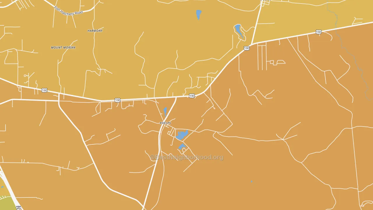 Map of the best neighborhoods in the Phelps area, with better matches in green and worse matches in red