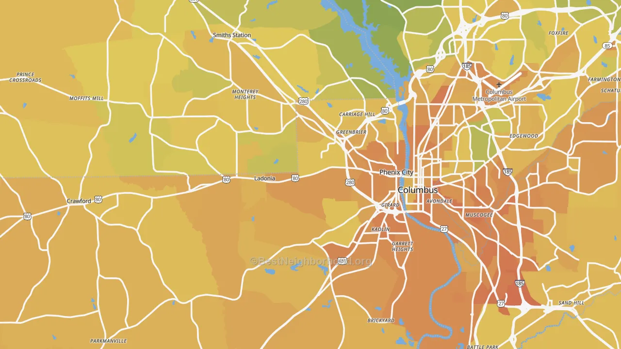 Map of the best neighborhoods in the Phenix City area, with better matches in green and worse matches in red