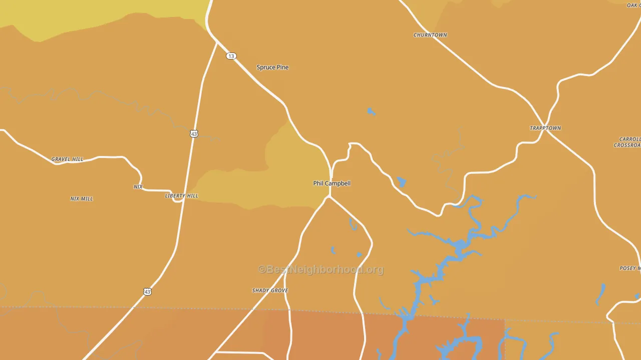Map of the best neighborhoods in the Phil Campbell area, with better matches in green and worse matches in red