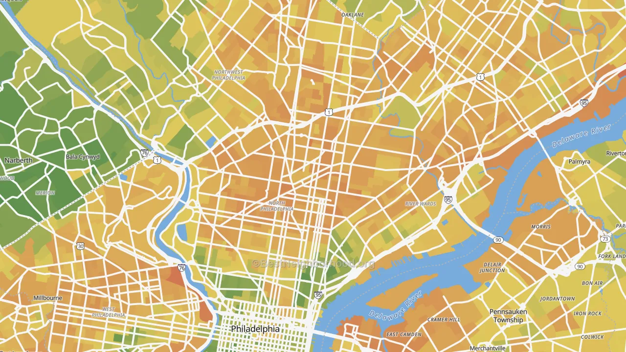 Map of the best neighborhoods in the Philadelphia County area, with better matches in green and worse matches in red