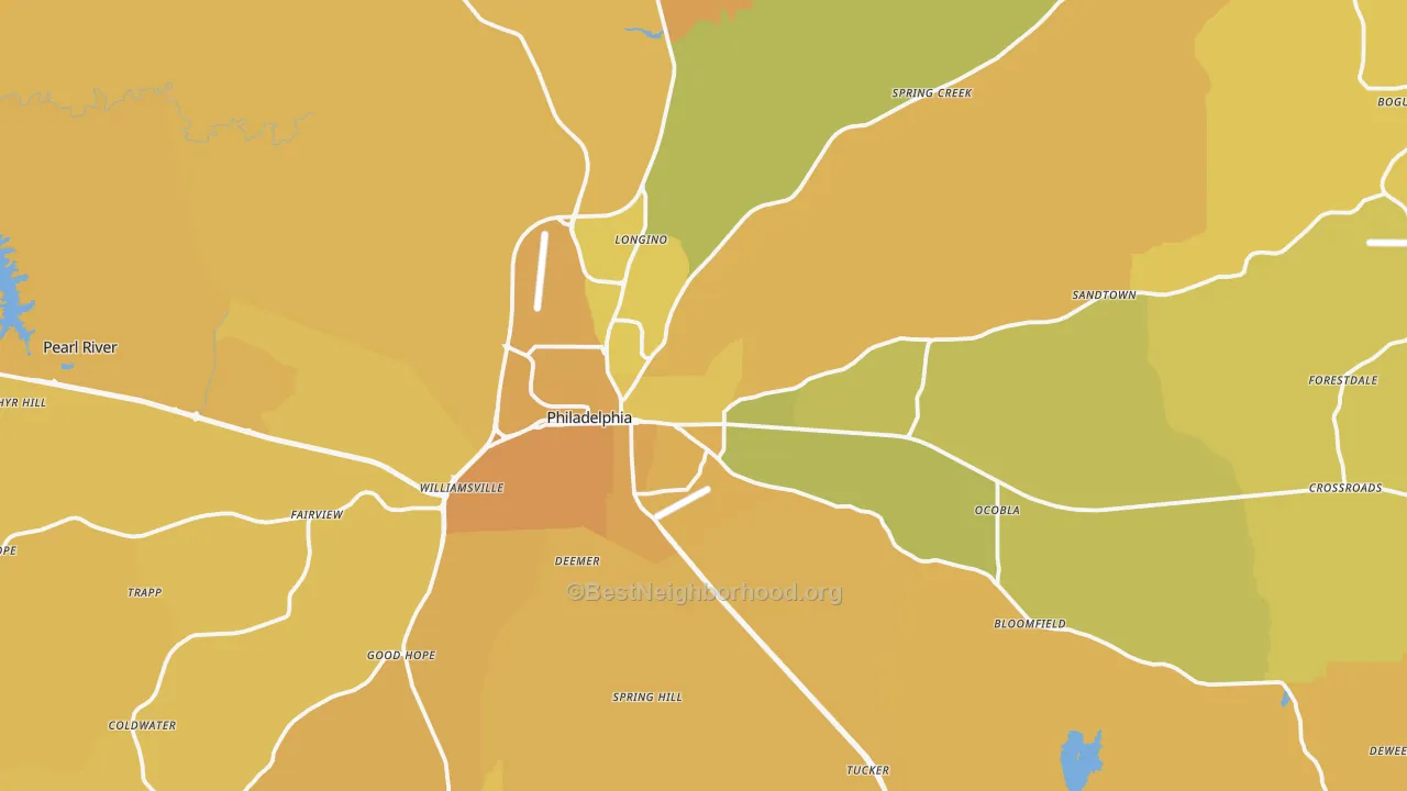 Map of the best neighborhoods in the Philadelphia area, with better matches in green and worse matches in red