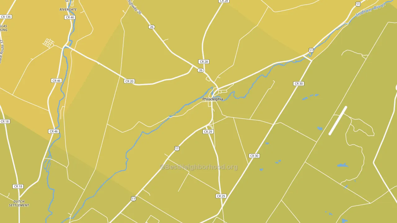 Map of the best neighborhoods in the Philadelphia area, with better matches in green and worse matches in red