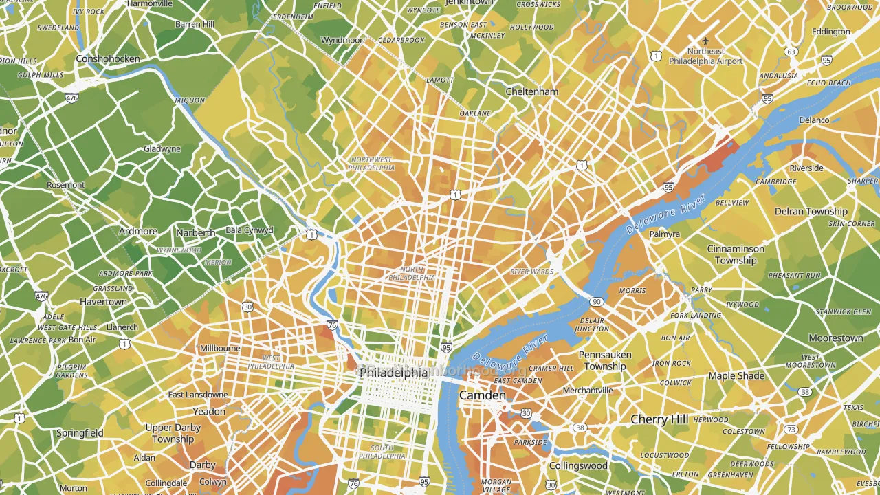 Map of the best neighborhoods in the Philadelphia Metro area, with better matches in green and worse matches in red