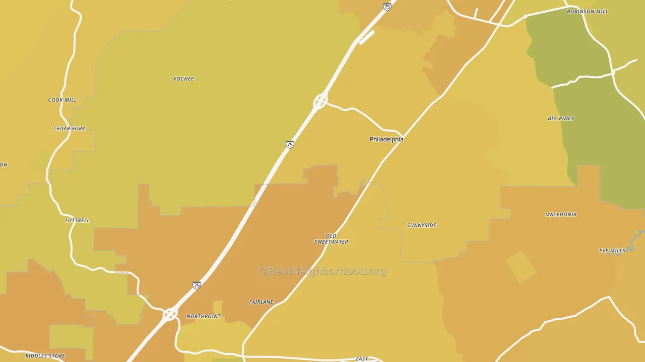 Map of the best neighborhoods in the Philadelphia area, with better matches in green and worse matches in red