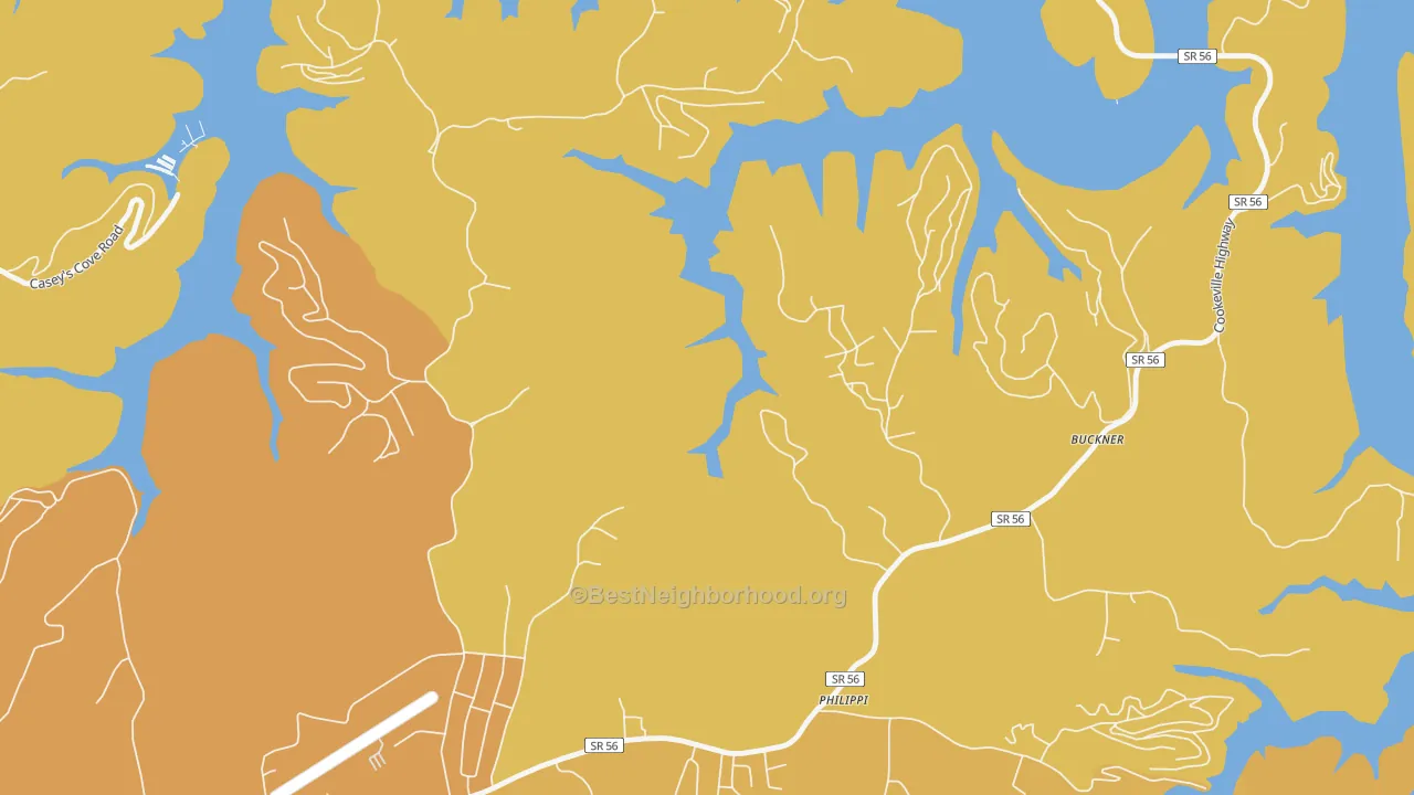 Map of the best neighborhoods in the Philippi area, with better matches in green and worse matches in red