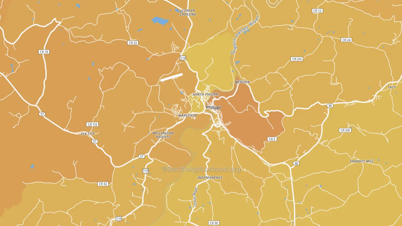 Map of the best neighborhoods in the Philippi area, with better matches in green and worse matches in red