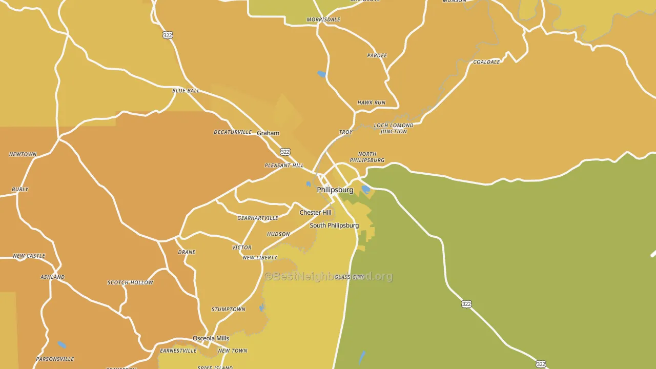Map of the best neighborhoods in the Philipsburg area, with better matches in green and worse matches in red