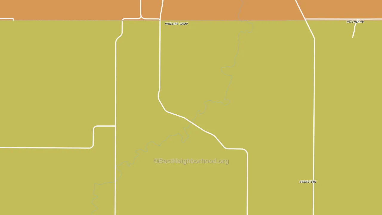 Map of the best neighborhoods in the Phillips Camp area, with better matches in green and worse matches in red