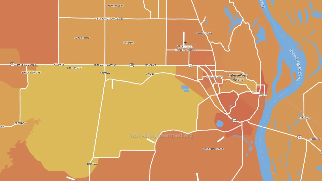 Map of the best neighborhoods in the Phillips County area, with better matches in green and worse matches in red