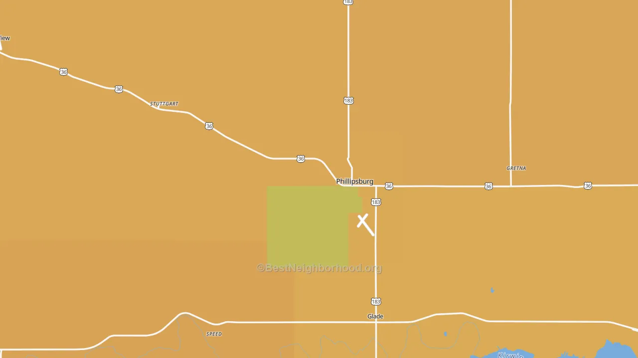 Map of the best neighborhoods in the Phillips County area, with better matches in green and worse matches in red