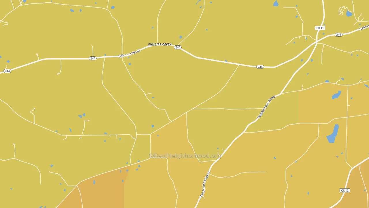 Map of the best neighborhoods in the Phillips Creek area, with better matches in green and worse matches in red