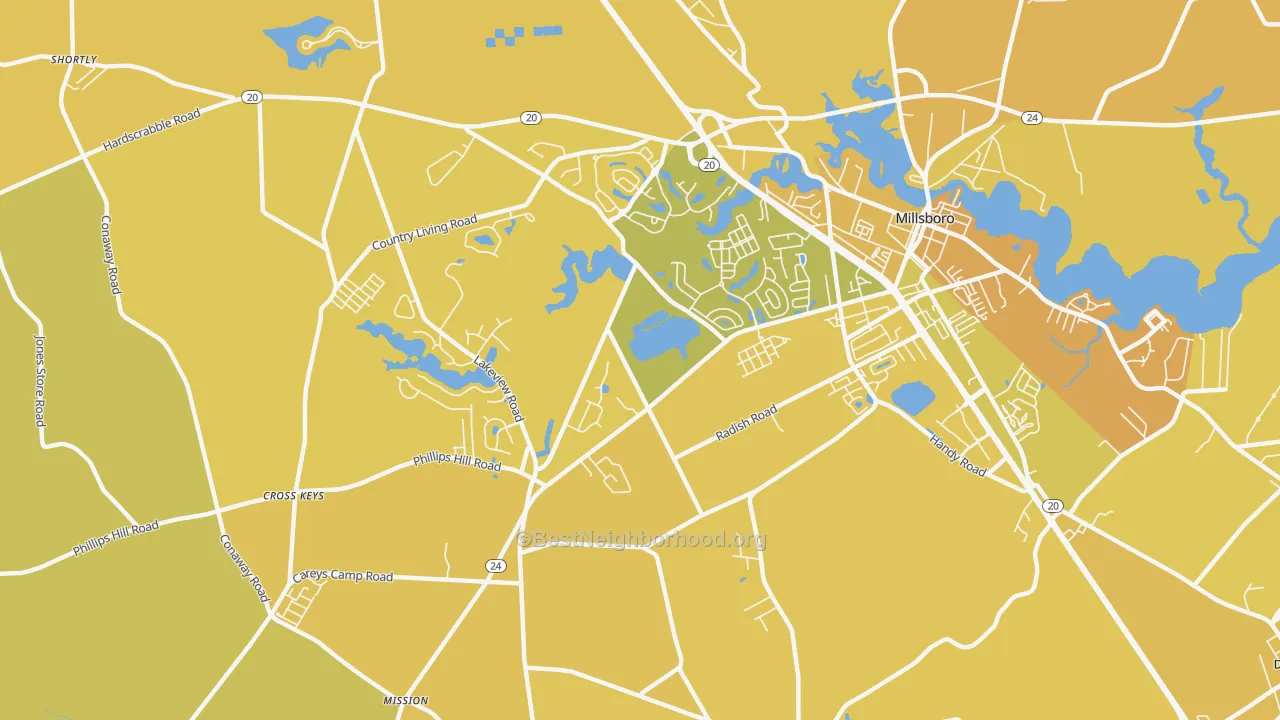 Map of the best neighborhoods in the Phillips Hill area, with better matches in green and worse matches in red
