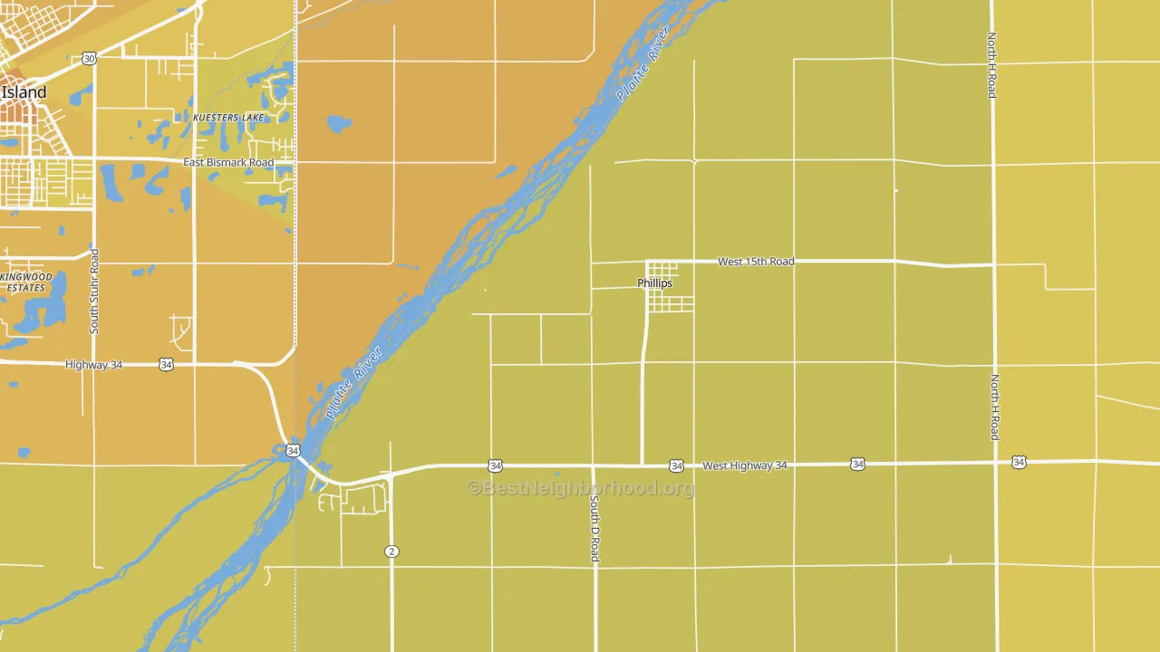 Map of the best neighborhoods in the Phillips area, with better matches in green and worse matches in red