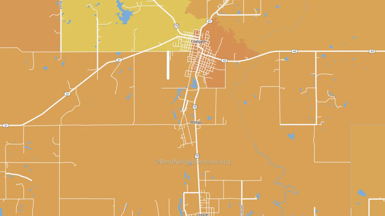Map of the best neighborhoods in the Phillips area, with better matches in green and worse matches in red