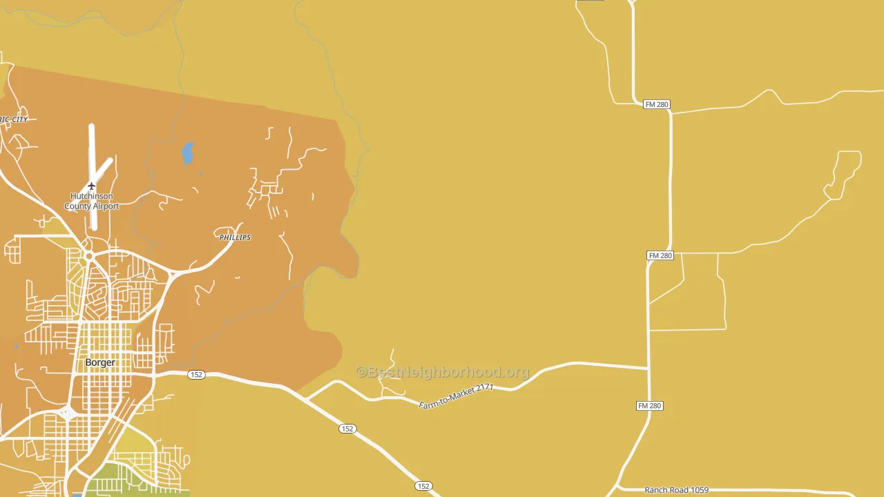 Map of the best neighborhoods in the Phillips area, with better matches in green and worse matches in red