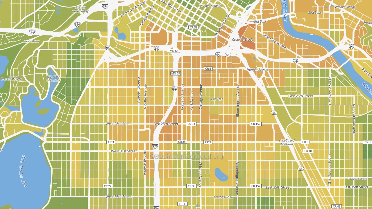Map of the best neighborhoods in the Phillips West, Minneapolis area, with better matches in green and worse matches in red