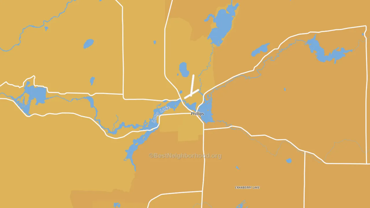 Map of the best neighborhoods in the Phillips area, with better matches in green and worse matches in red