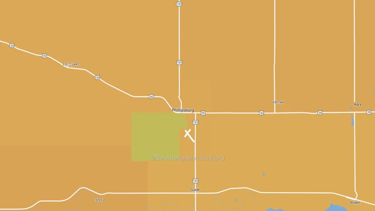 Map of the best neighborhoods in the Phillipsburg area, with better matches in green and worse matches in red