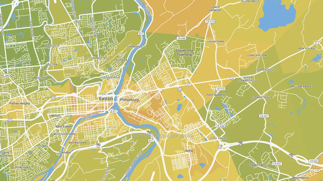 Map of the best neighborhoods in the Phillipsburg area, with better matches in green and worse matches in red