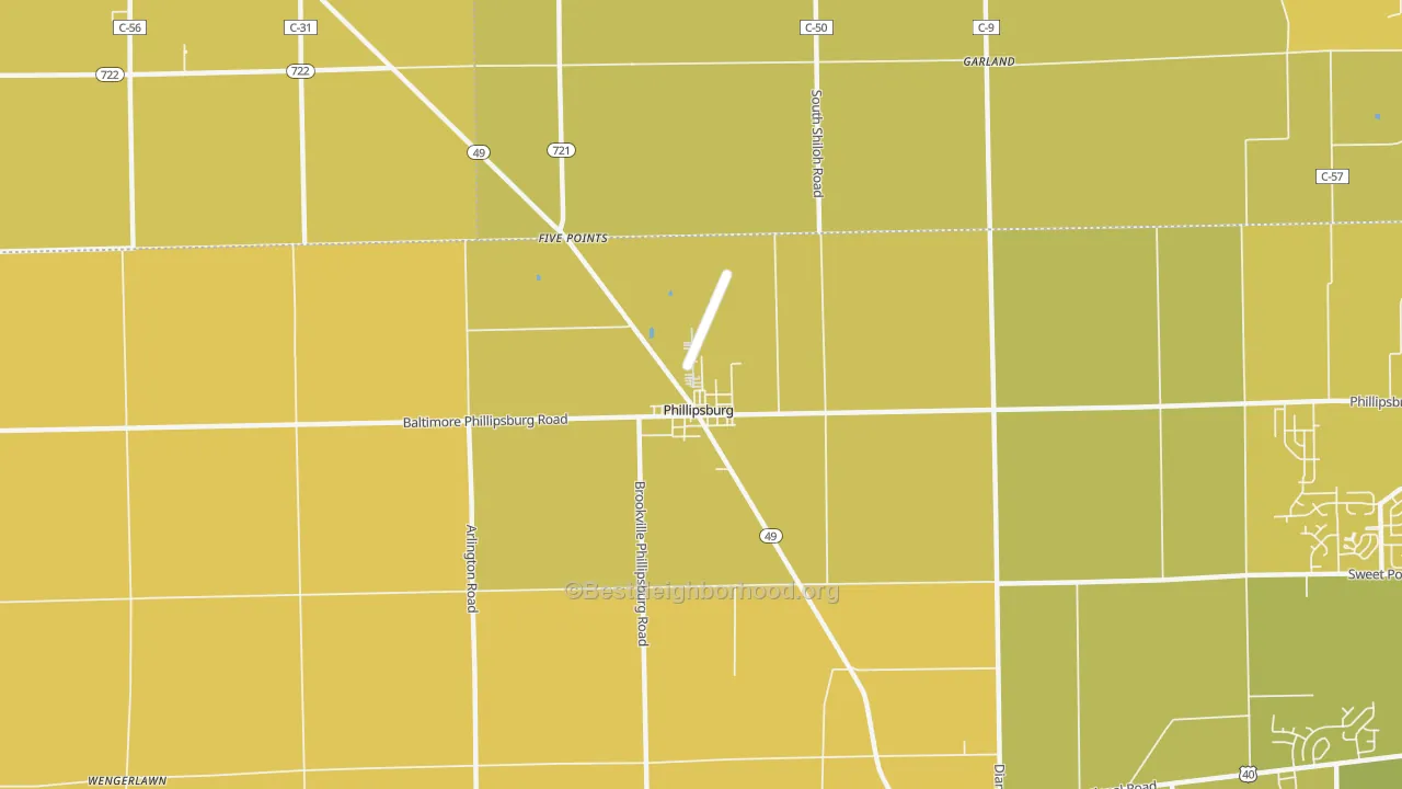 Map of the best neighborhoods in the Phillipsburg area, with better matches in green and worse matches in red