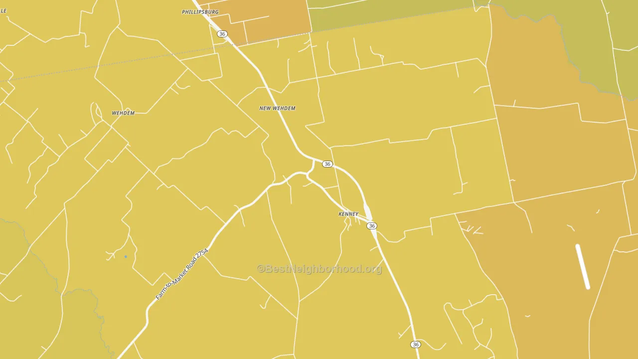 Map of the best neighborhoods in the Phillipsburg area, with better matches in green and worse matches in red