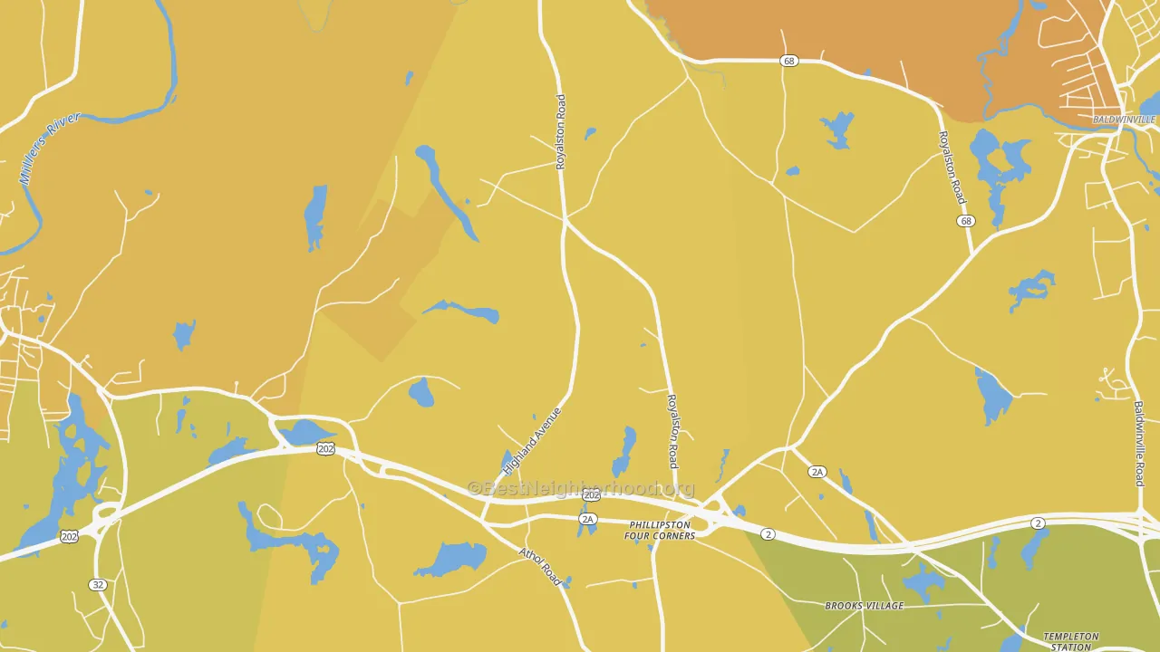 Map of the best neighborhoods in the Phillipston Four Corners area, with better matches in green and worse matches in red