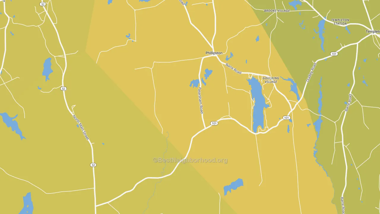 Map of the best neighborhoods in the Phillipston area, with better matches in green and worse matches in red