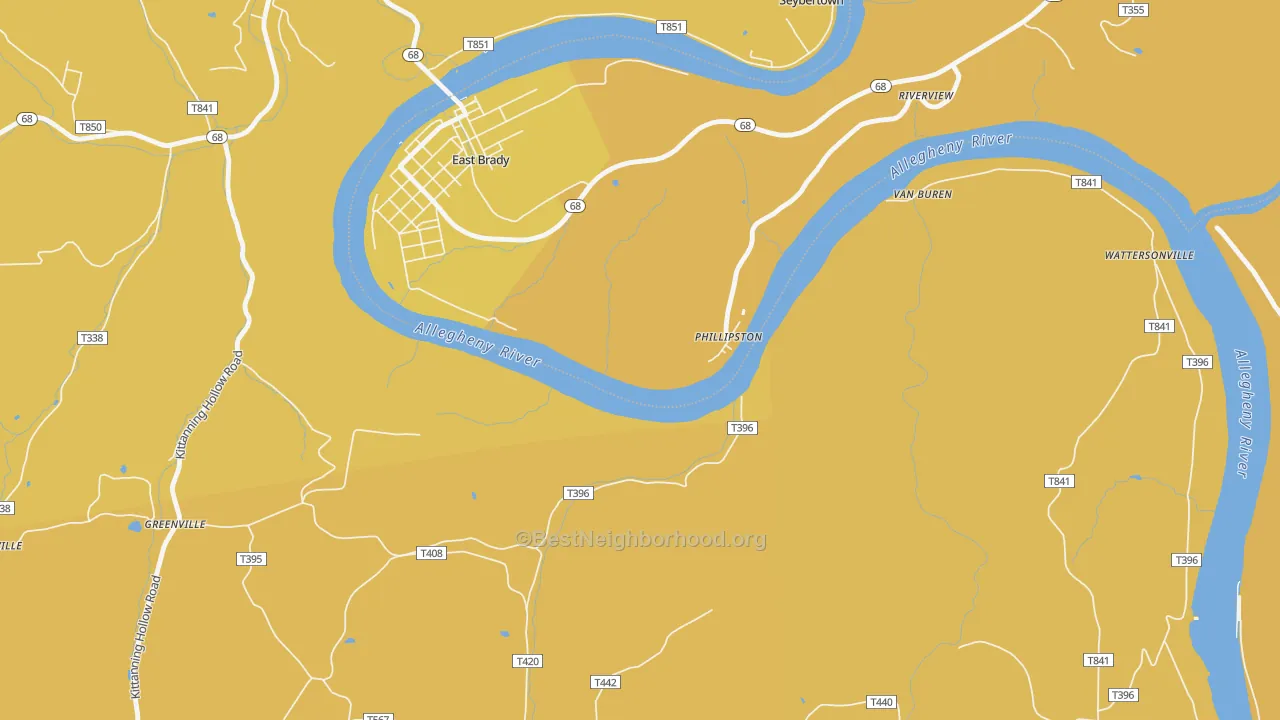 Map of the best neighborhoods in the Phillipston area, with better matches in green and worse matches in red