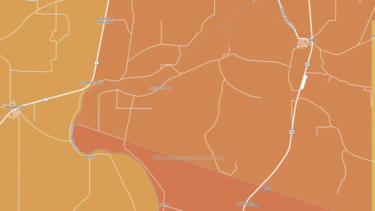 Map of the best neighborhoods in the Phillipstown area, with better matches in green and worse matches in red