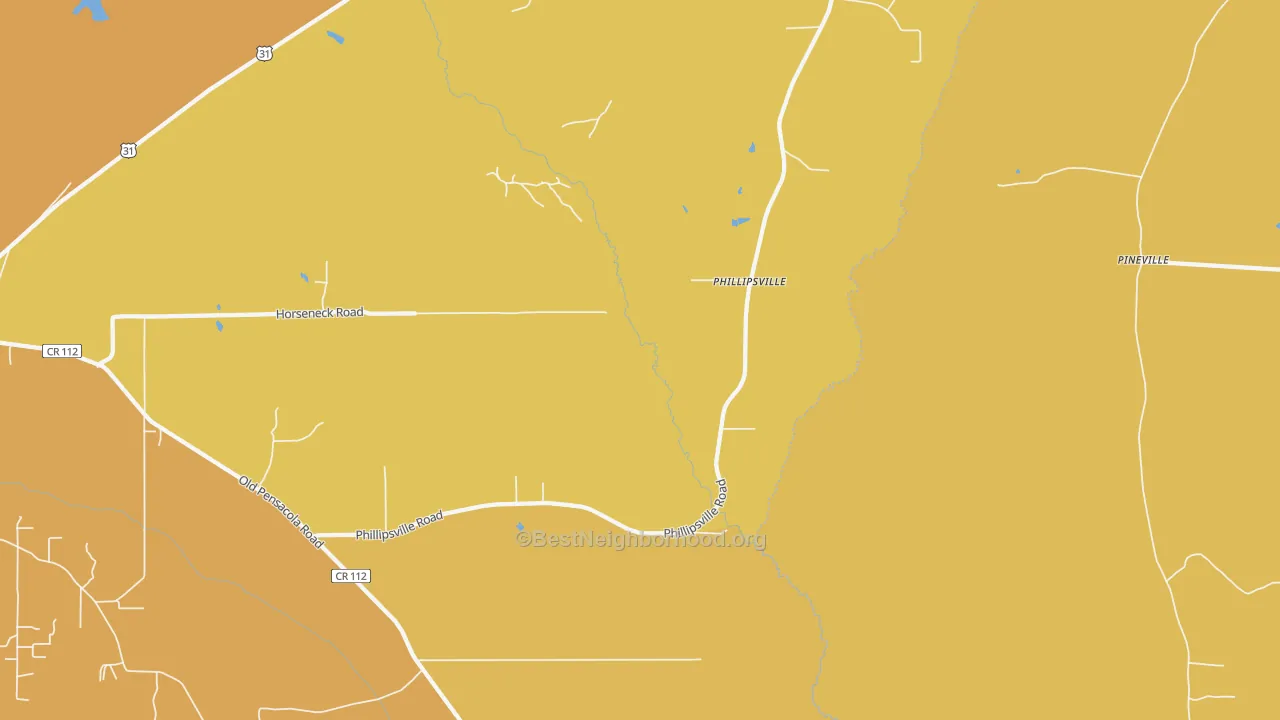 Map of the best neighborhoods in the Phillipsville area, with better matches in green and worse matches in red