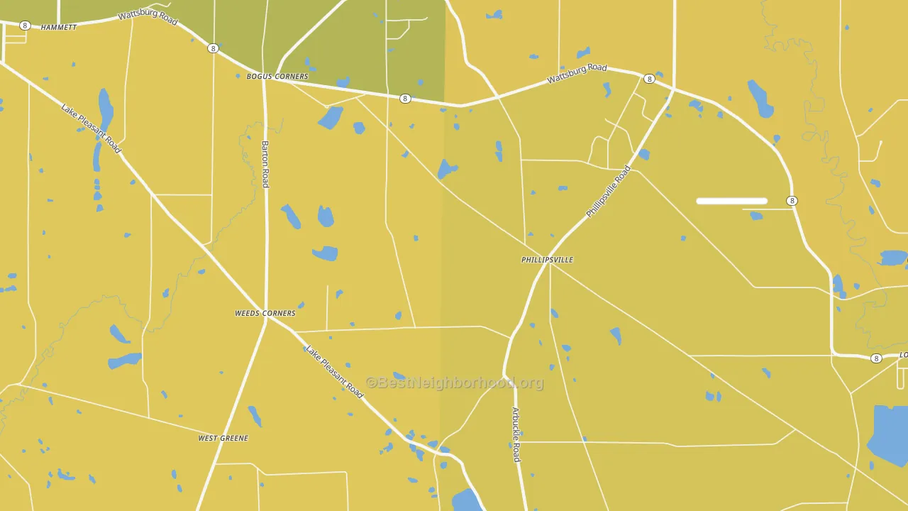 Map of the best neighborhoods in the Phillipsville area, with better matches in green and worse matches in red
