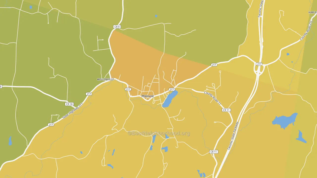Map of the best neighborhoods in the Philmont area, with better matches in green and worse matches in red