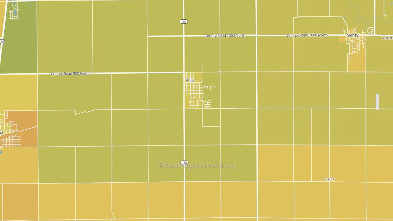 Map of the best neighborhoods in the Philo area, with better matches in green and worse matches in red