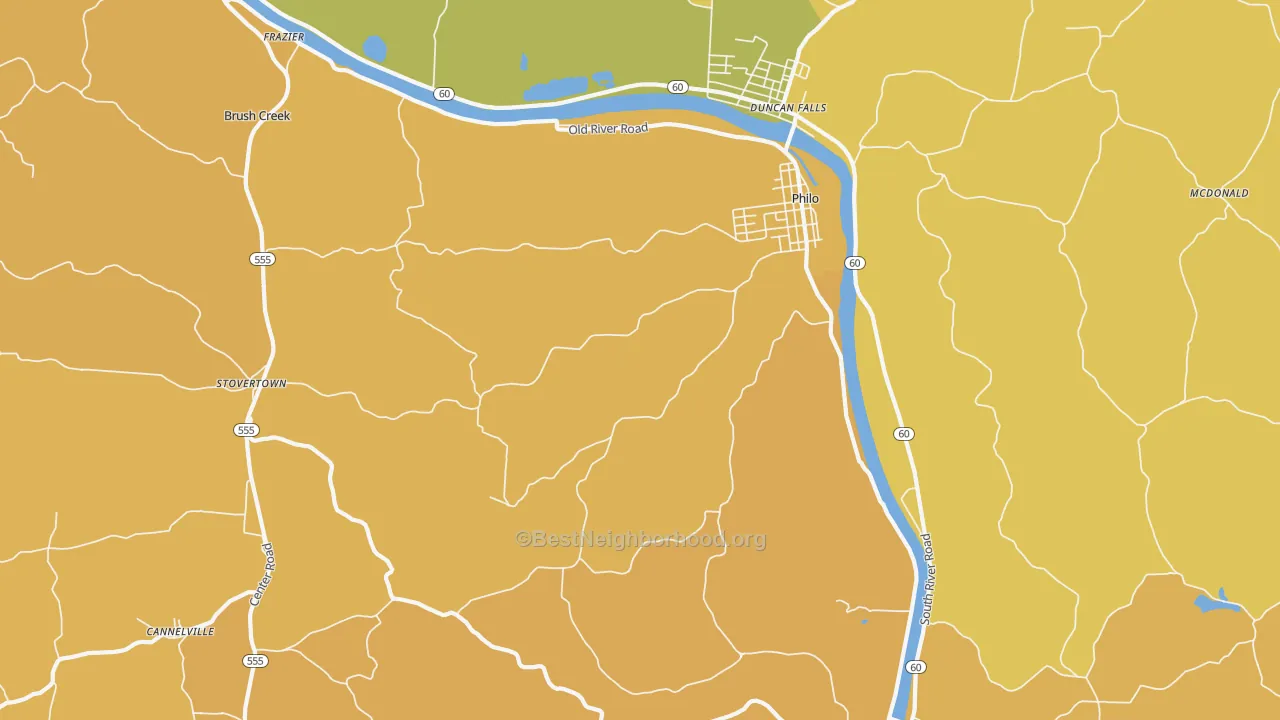 Map of the best neighborhoods in the Philo area, with better matches in green and worse matches in red