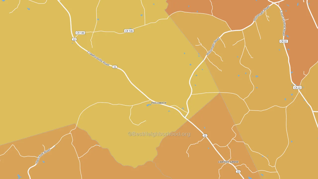 Map of the best neighborhoods in the Philomath area, with better matches in green and worse matches in red