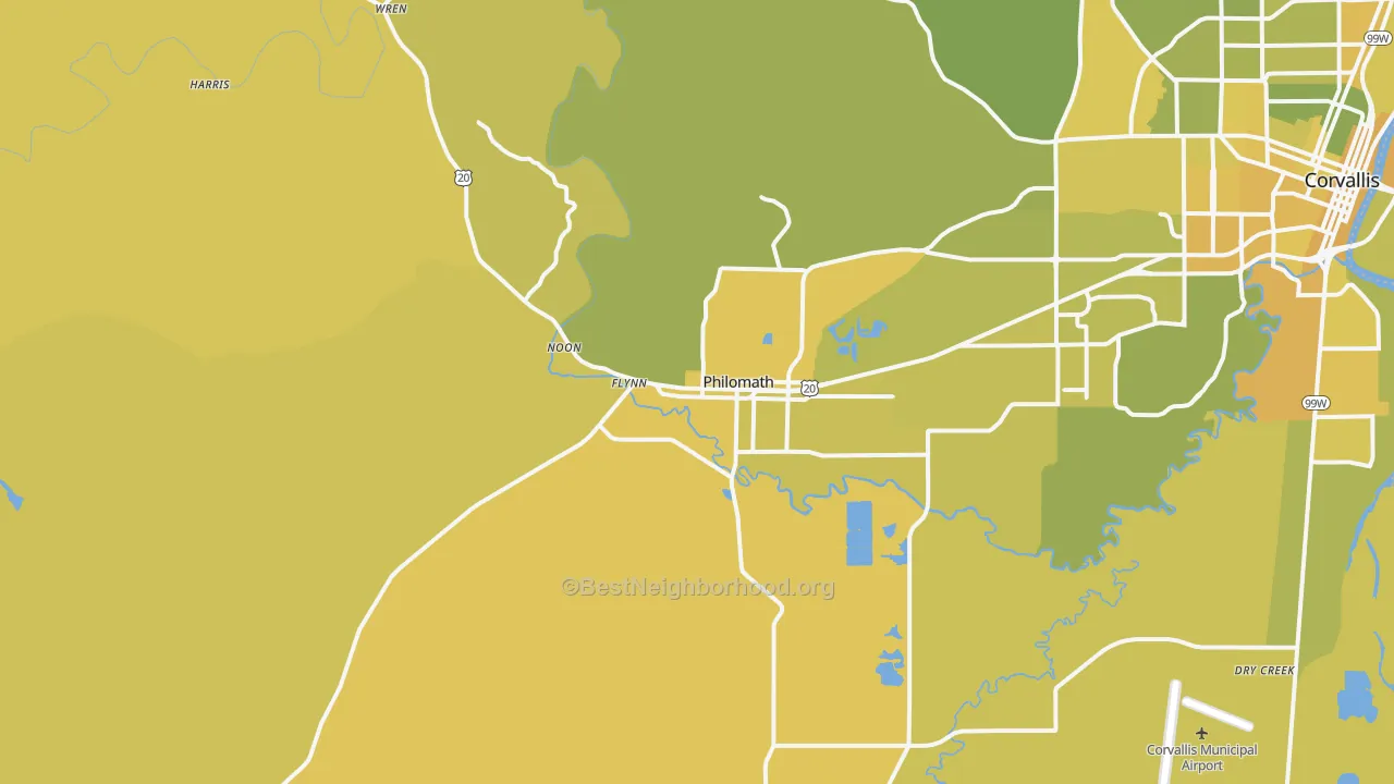 Map of the best neighborhoods in the Philomath area, with better matches in green and worse matches in red