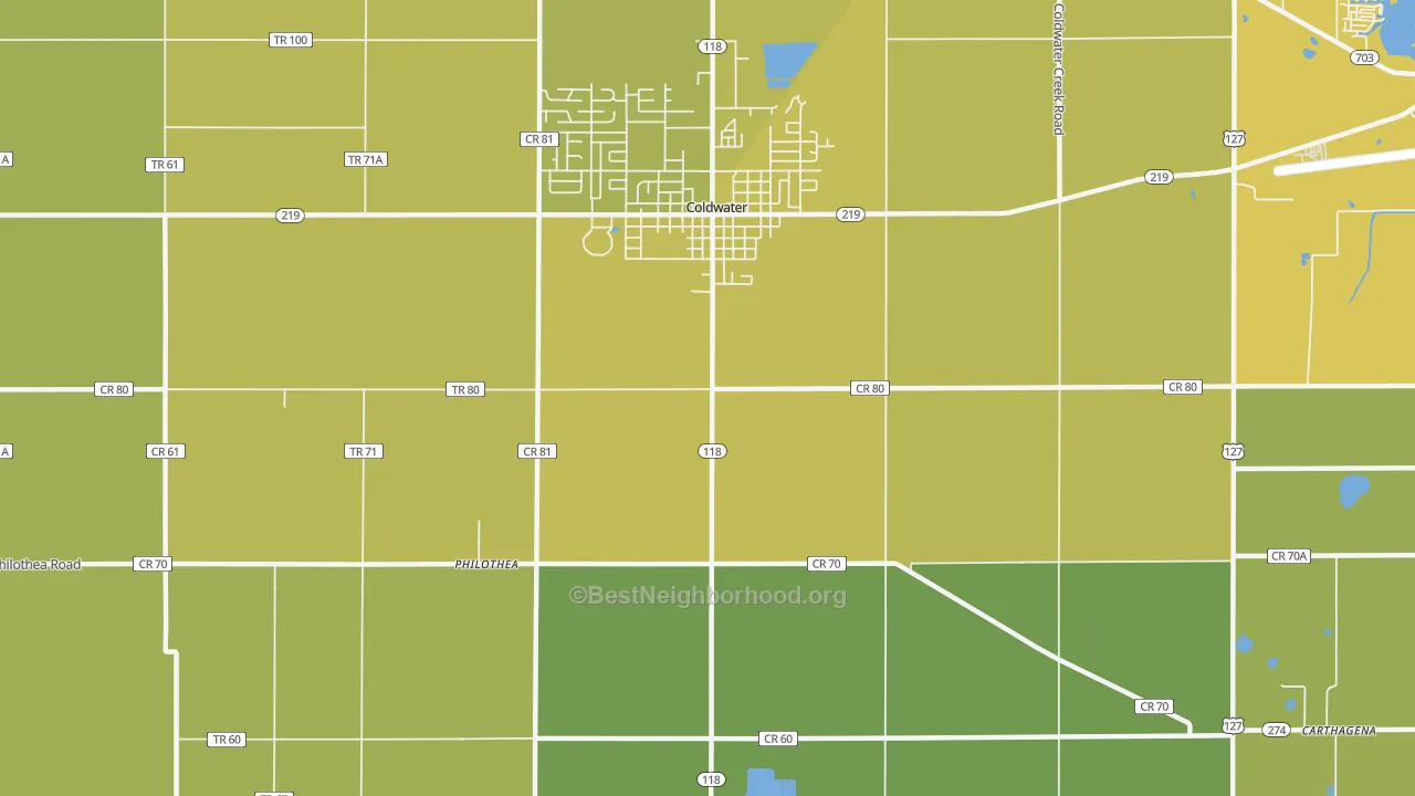 Map of the best neighborhoods in the Philothea area, with better matches in green and worse matches in red