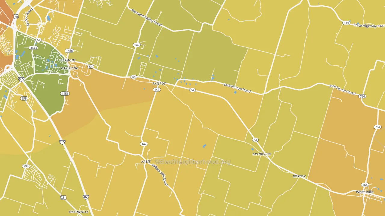 Map of the best neighborhoods in the Philpot area, with better matches in green and worse matches in red