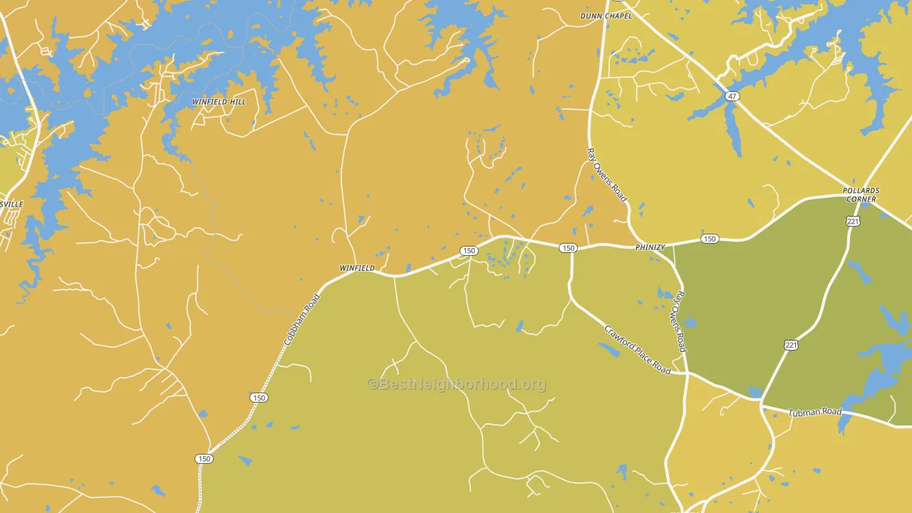 Map of the best neighborhoods in the Phinizy area, with better matches in green and worse matches in red