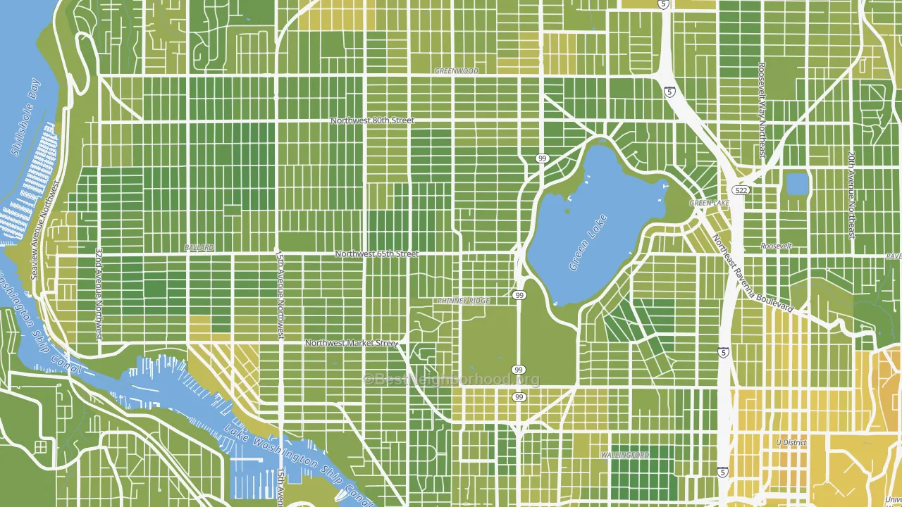 Map of the best neighborhoods in the Phinney Ridge, Seattle area, with better matches in green and worse matches in red