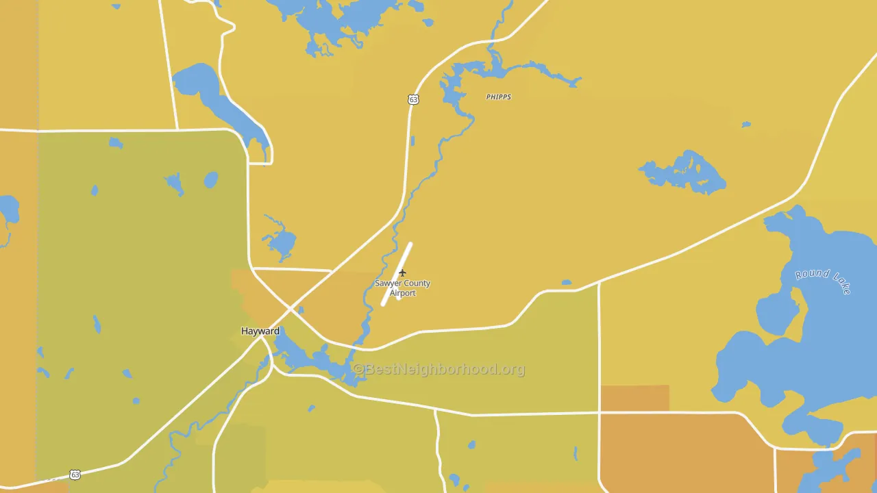 Map of the best neighborhoods in the Phipps area, with better matches in green and worse matches in red