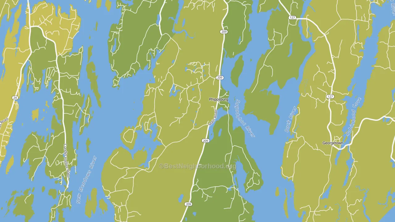 Map of the best neighborhoods in the Phippsburg area, with better matches in green and worse matches in red