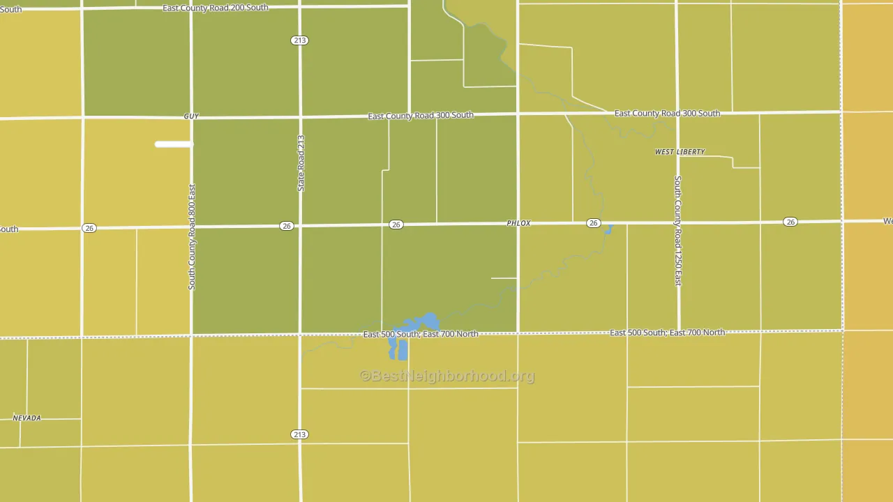 Map of the best neighborhoods in the Phlox area, with better matches in green and worse matches in red