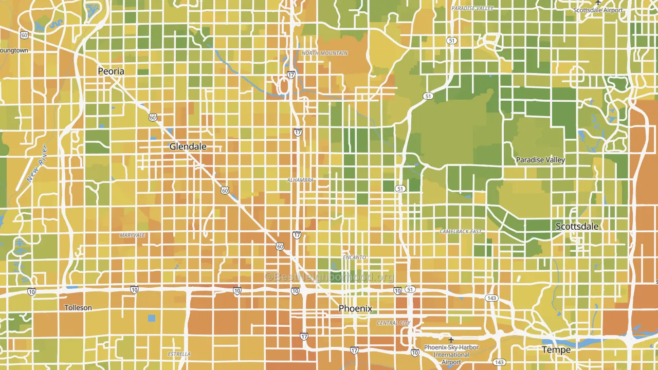 Map of the best neighborhoods in the Phoenix Metro area, with better matches in green and worse matches in red