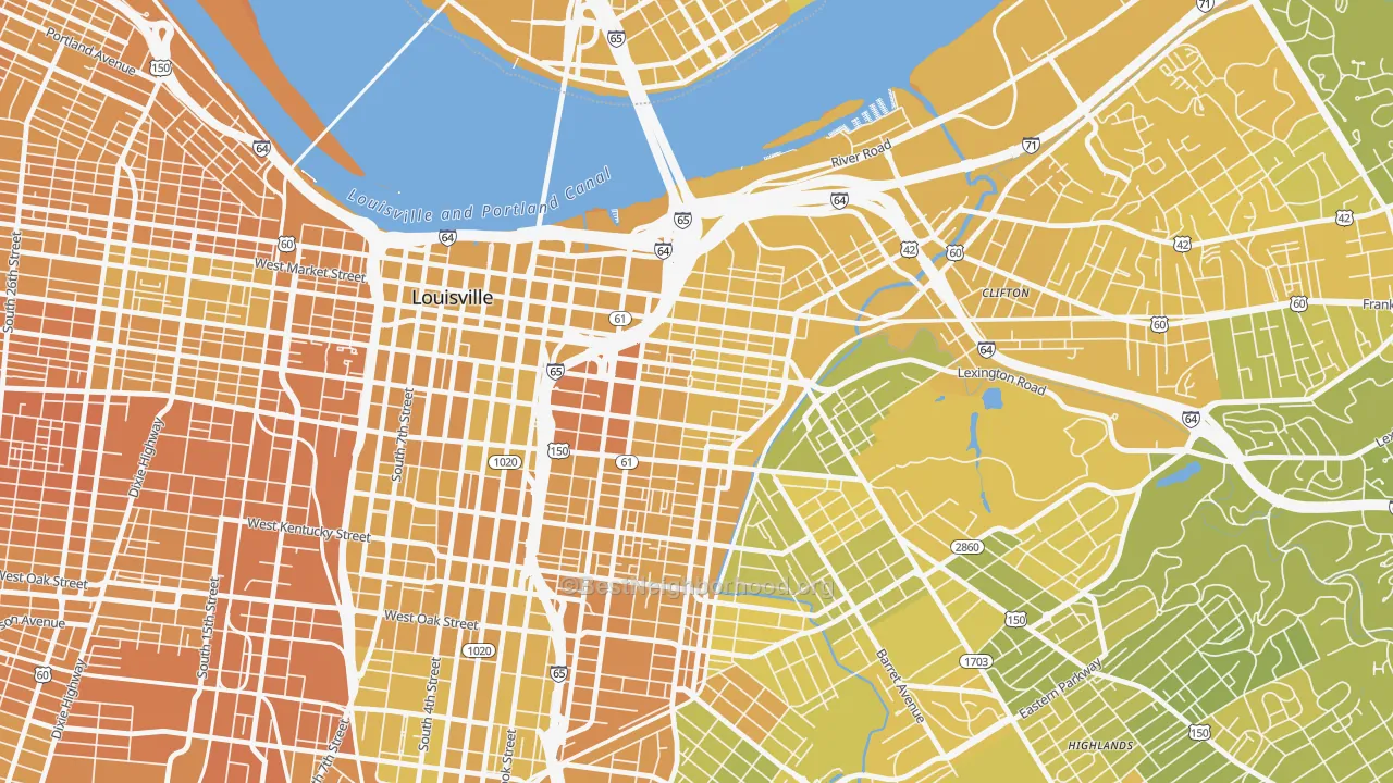 Map of the best neighborhoods in the Phoenix Hill, Louisville area, with better matches in green and worse matches in red